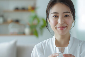 Japanese woman in white shirt holding a glass of water smiling at the camera with a light living room background in the style of closeup portrait photography  - Powered by Adobe