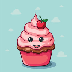 Pink cupcake illustration with cream and berry in kawaii style. Hand drawing food doodle on white background. Line art for bakery logo, wedding invitation, print design, sticker.