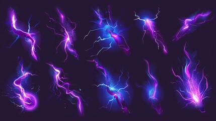 Lightning electric effect, light thunder modern isolated on transparent background. 3D thunderbolt shock power element. Neoteny ground crack or magic discharge. Laser strike texture illustration.