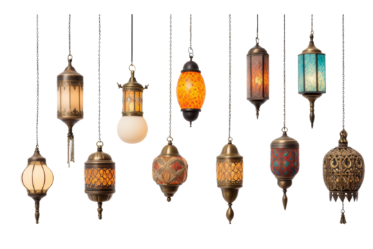 Illuminated Symphony: A Diverse Array of Lights Suspended on Chains. On a White or Clear Surface PNG Transparent Background.