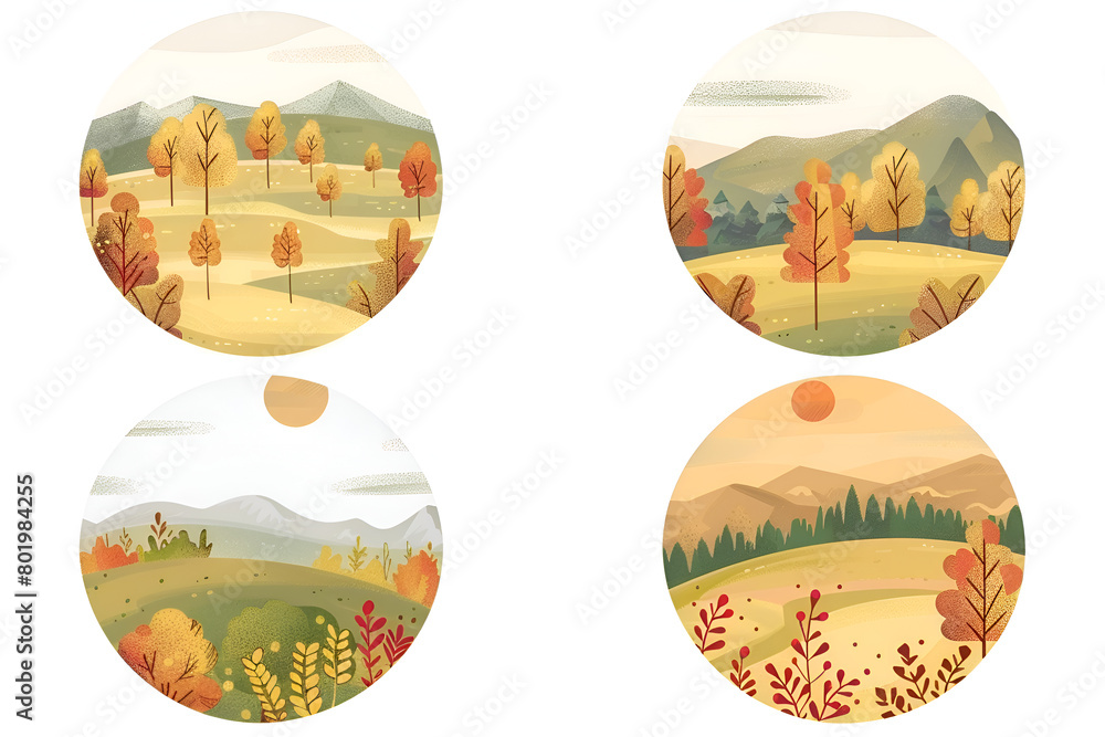 Poster four different scenes of a forest with trees in autumn. the first scene has a bird flying in the sky