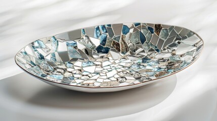 A ceramic serving platter adorned with pieces of broken mirror and mosaic tiles creating a stunning and reflective centerpiece..