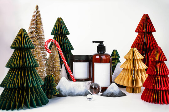 dark jar with lid and dispenser on the background of Christmas decorations, side view
