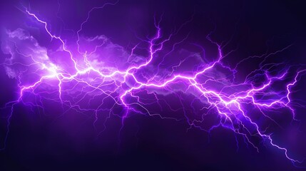 A realistic lightning bolt pattern on a transparent background. Modern illustration of neon purple cracks, electrical discharge on a dark sky, thunderstorm flash light effect, and a destructive magic