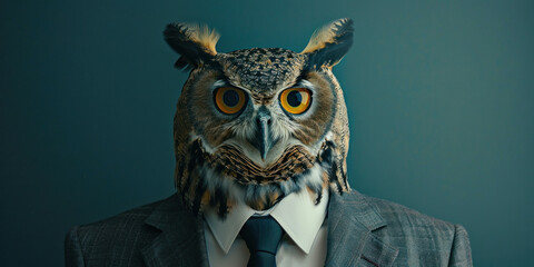Mysterious man in suit with owl mask and tie posing for camera in stylish and quirky fashion concept