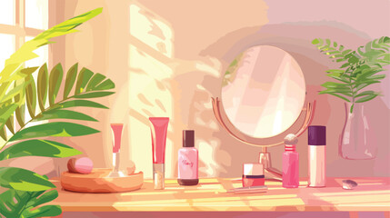 Decorative cosmetics and mirror on wooden table near