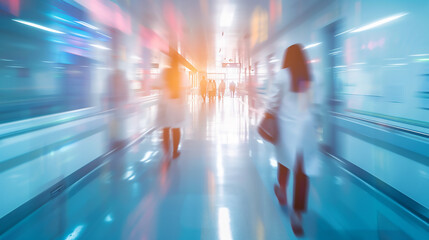 nterior of doctor and patient people in hospital corridor for background Health care and medical technology concept. Motion blur effect  - obrazy, fototapety, plakaty