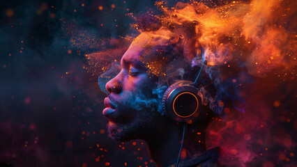Colorful Sound: Abstract Art of a Man Wearing Studio Headphones, Illustration of Headphones Emitting Colorful Music