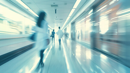 nterior of doctor and patient people in hospital corridor for background Health care and medical technology concept. Motion blur effect 