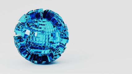 An electric blue diamond paperweight sits elegantly on a white glass surface, making it a stylish fashion accessory or logo for jewellery. It resembles a magenta sphere or circle