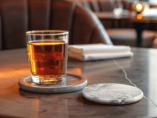 A Tennessee whiskey drink rests on a coaster on the table