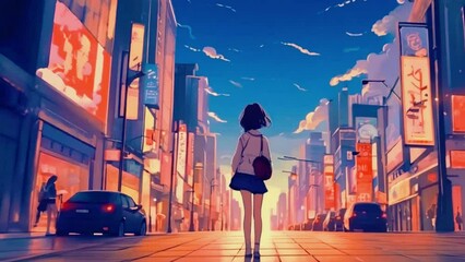 Cute Lofi girl on the Tokyo city's night, 2D Japanese Lo-fi Anime style Seamless loop hip-hop chill vibes Relaxing music lofi bites animation