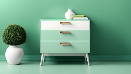A green and white dresser with three drawers sits in front of a wall