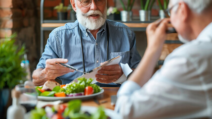 Photo of a senior man discussing his dietary needs with a nutritionist with a close up on their hands and the diet plan emphasizing personalized nutrition advice 