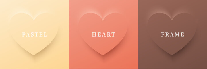 Set of abstract 3D heart, different color 3D heart shape frame design. Collection of geometric backdrop for cosmetic product display. Top view. Vector illustration