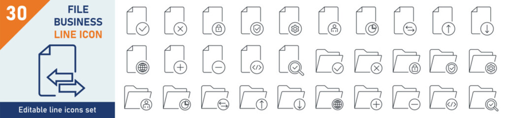 Files icons Pixel perfect. Files business icon set. Set of 30 outline icons related to file, finance, documents, check. Linear icon collection. Editable stroke. Vector illustration.
