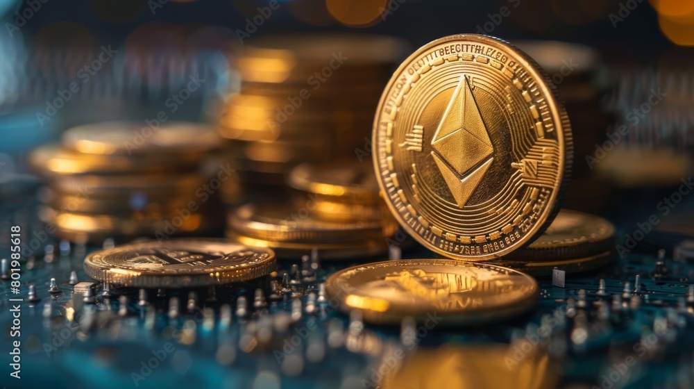Poster ethereum coins on circuit board close-up. ethereum coins placed on a blue circuit board, representin