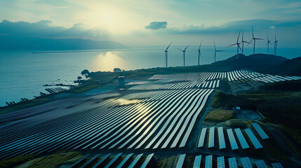 photovoltaic power plant and wind turbines at sea aerial view of a solar panel farm with an ocean...