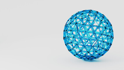 A striking body jewelry piece featuring an electric blue ball made of glass triangles on a white background. This ornate ornament resembles a paperweight with a unique pattern and circle design