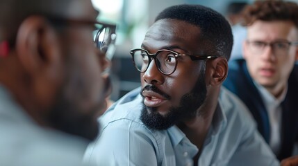 Three colleagues in a serious discussion with one man looking thoughtful
