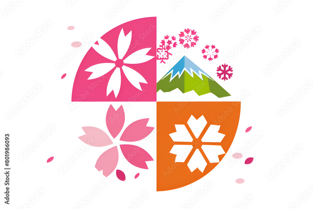 Poster a colorful design with four different colored squares and a mountain in the middle. the squares are 