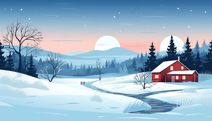 Isolated vector illustration winter landscape with house and cabin. Holiday, New Year and Christmas