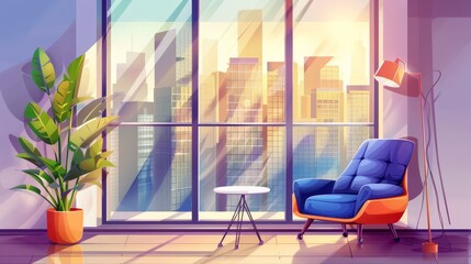 Living room interior with cityview cartoon modern background. Plant, couch and lamp inside modern furniture illustration of urban hotel apartment with lounge armchairs.