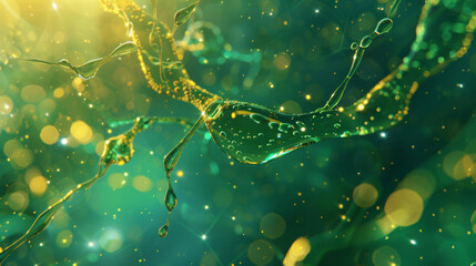 A green liquid with bubbles and droplets is splashing in the air
