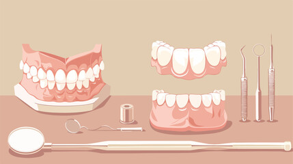 Dentist with jaw model and tool on beige background Vector