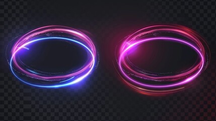 Set of optical halo flares with neon light modern effect isolated on transparent background. Circle lens ring with glitter 3D digital design. Radiant speed motion design. Magic energy vortex with