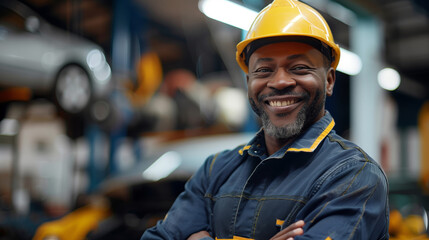 A portrait of an African American auto mechanic wearing a yellow hard hat, showing a friendly smile in a garage setting. He is dressed in a uniform of professionalism and readiness to work on cars