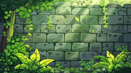 Green plant on brick wall in forest modern background. Spring garden with viaduct or bridge with balustrade. Game area location with masonry fence. - obrazy, fototapety, plakaty