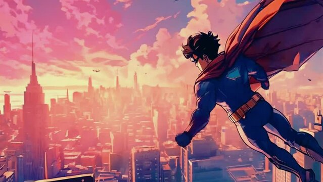 A superhero flying through the city skyline, saving citizens from danger with dramatic flair, 2D anime style 4k High-Quality animation video