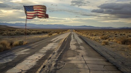 A worn American flag fluttering along a remote American highway, capturing the essence of a patriotic road trip across the country, isolated backdrop