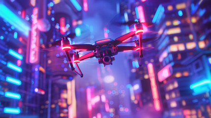 Fototapeta premium Future transportation concept, Autonomous driverless aerial vehicle flying on city background,