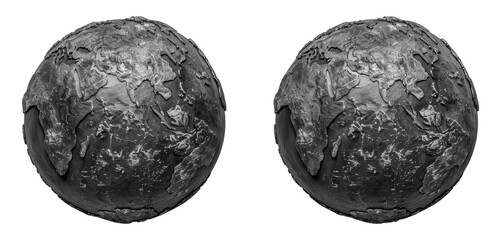 Black and white earth globes showing textures and topography, cut out - stock png.