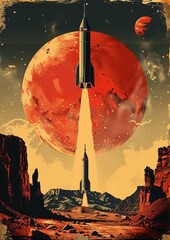 Futuristic Retro Space Movie Poster Watercolor Illustration