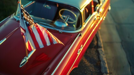 A vibrant close-up shot of an American flag on a classic car traveling along Route 66, isolated background emphasizing freedom and adventure