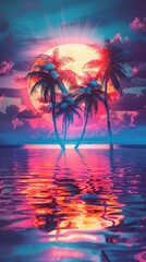 Tropical sunset with palm trees and a full moon. Travel illustration . Vertical background