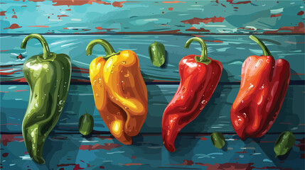 Different fresh peppers on color wooden background Vector