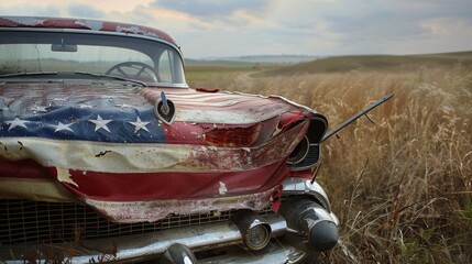 A tattered American flag draped over a vintage car, cruising through the heartland of America, a testament to adventure and unity, plain background
