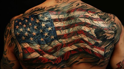 A stunning representation of an American flag tattoo, designed with elements that symbolize life's beauty, showcased on the back, isolated background emphasizes detail