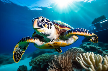 Fototapeta premium sea turtle swims underwater among the corals