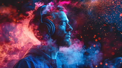 Colorful Sound: Abstract Art of a Man Wearing Studio Headphones, Illustration of Headphones Emitting Colorful Music