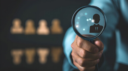 HRM or Human Resource Management, CEO use magnifier glass focus to manager icon which is among staff icons for human development recruitment leadership and customer target group concept.