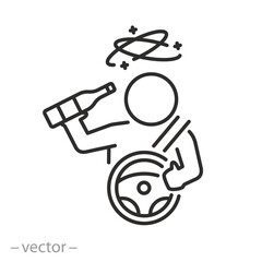 drunk driving icon, dizziness from alcohol, man holds bottle to drink in car, thin line vector illustration