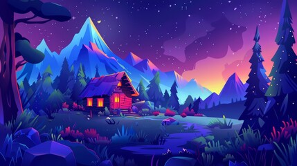 The house in the night forest modern landscape background. The hut near the mountain valley on the glade outdoors in the wilderness. Mysterious game location cartoon environment. Dark illustration of