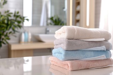 Stack of white towels in bathroom, closeup. with copy space