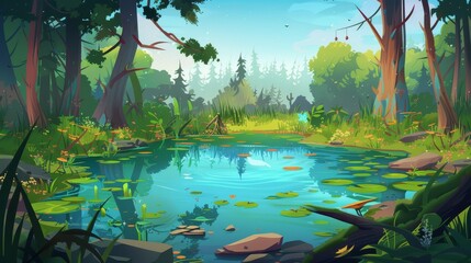 The beauty of a lush forest swamp landscape scene. The beauty of a swampy land filled with mud and waste water. The beauty of a dirty toxic environment in a park. The summer adventure of a fairytale.