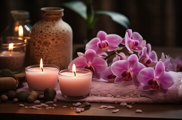  Pink orchid flowers , candles , and stones on a wooden surface